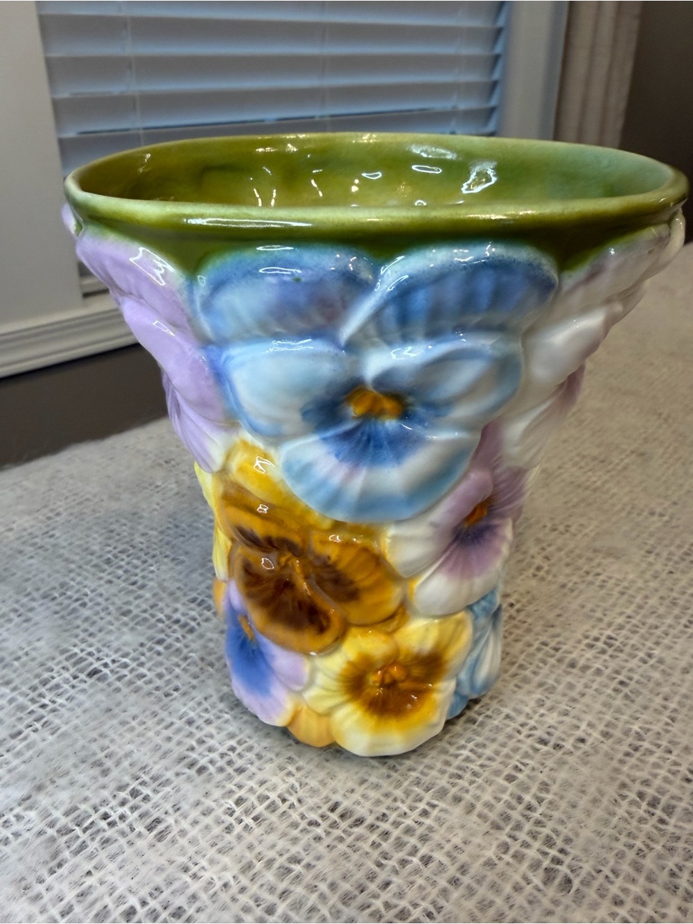 Vintage hand painted  pottery Vase  / Pansies/Floral/Colorful/ signed 1987/ Rare